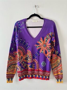 ETRO Silk Printed V-Neck Sweater Lightweight Abstract Rib Trim Purple Multicolor